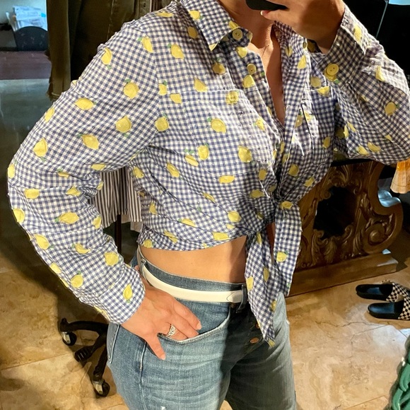 Draper’s & Damon’s petites blue plaid button/lemon - Picture 3 of 5